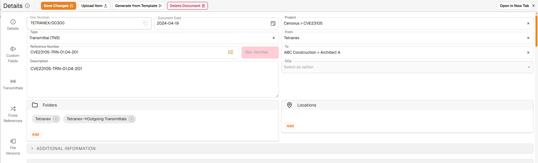 Transmittal record showing document type, reference number, project, and from/to parties